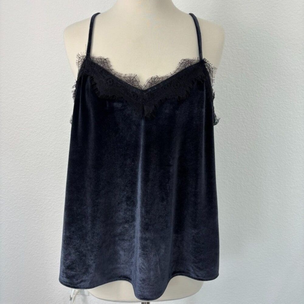 Y2K Velvet Cami Top L Blue Lace Trim Spaghetti Strap Nine West Going Out Top